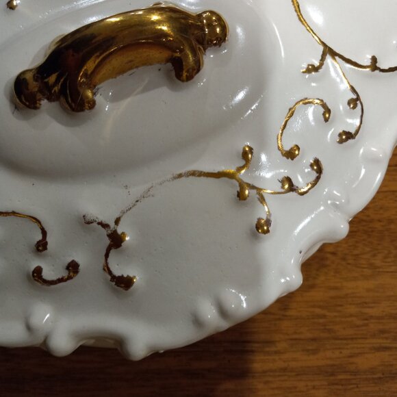 Vintage Oval White Gold Covered Bowl Lidded Candy Trinket Dish Ceramic Pottery - Picture 7 of 16